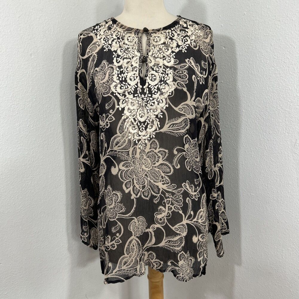 Oscar de la Renta Blouse Womens 6 Floral Silk Sheer Embroidered